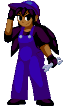 A girl with dark skin and black hair, with twintails coming from the bottom. She's wearing blue overalls, black T-shirt, shoes and gloves, and a blue cap.