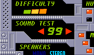 Options screen, the thumbnail focusing on the Sound Test option. It shows sound number 99 as being selected, which is normally not possible.