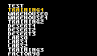 Screenshot of the Stage Select screen. It's a bland screen, with text in a simple font in white (except for the selected stage, which is yellow) on a black background. The stages are listed by their internal name. Stage list: test, training1 (selected), warehouse0, warehouse1, training2, desert1, desert2, desert3, labs0, labs1, labs2, training3, factory0, factory1, factory2, motherbase1, rival, finalboss, ending.